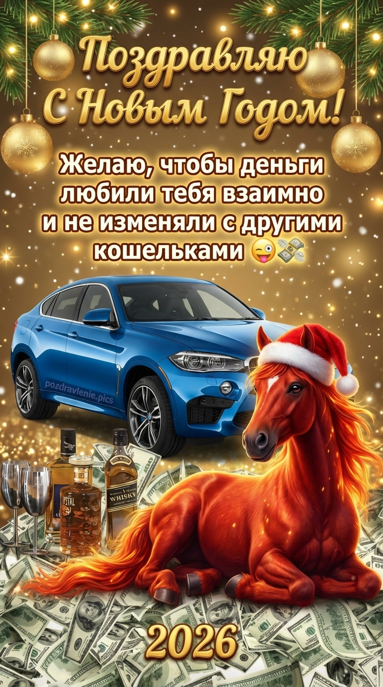 Открытка с Новым Годом пожелания много денег с юмором