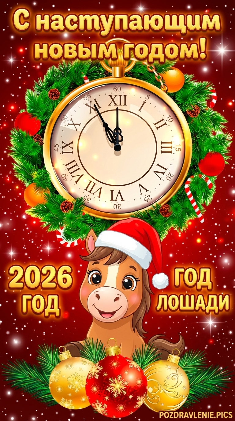 Крупный план старинных часов, под которыми виден силуэт лошади среди елочных шаров