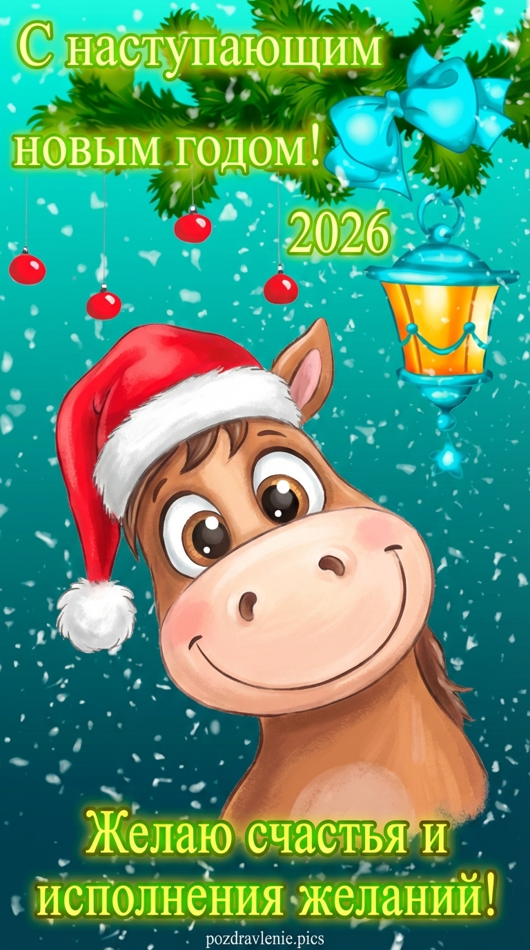 Улыбающаяся мордочка лошади крупным планом, с надписью Счастья и исполнения желаний