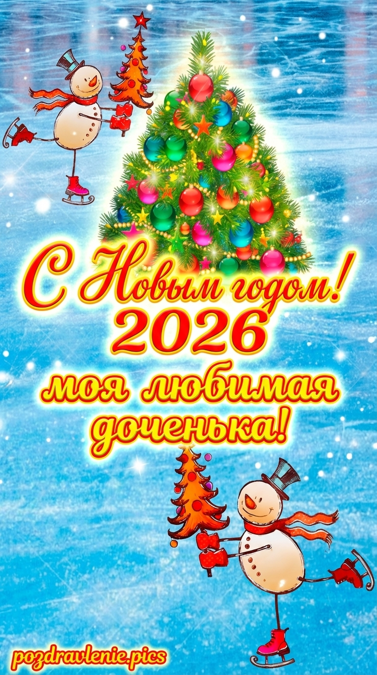 Открытка красивая поздравительная с новым годом со снеговиками на льду и елкой
