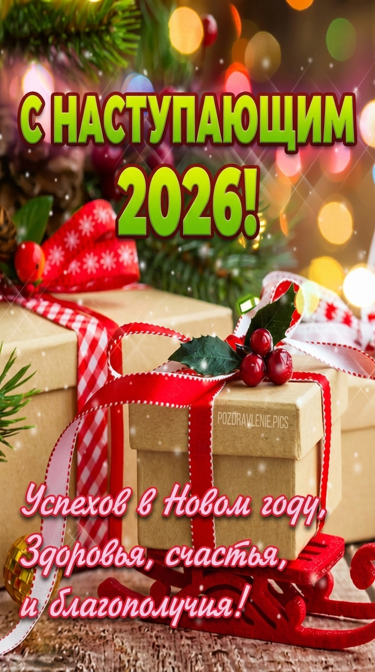 Подарки в крафтовой бумаге с яркой красной лентой, еловая ветка и праздничный декор