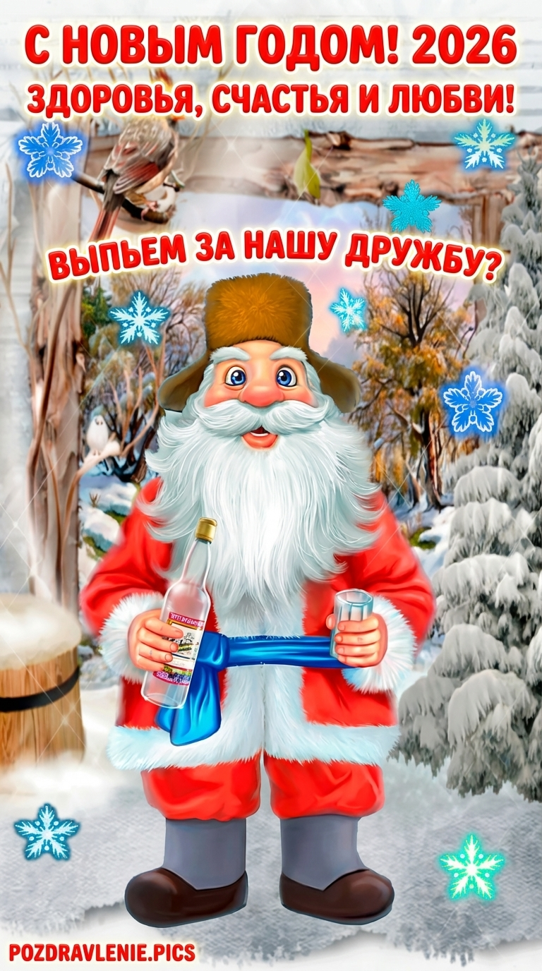 С Новым годом открытка прикольная с дедом морозом и водкой