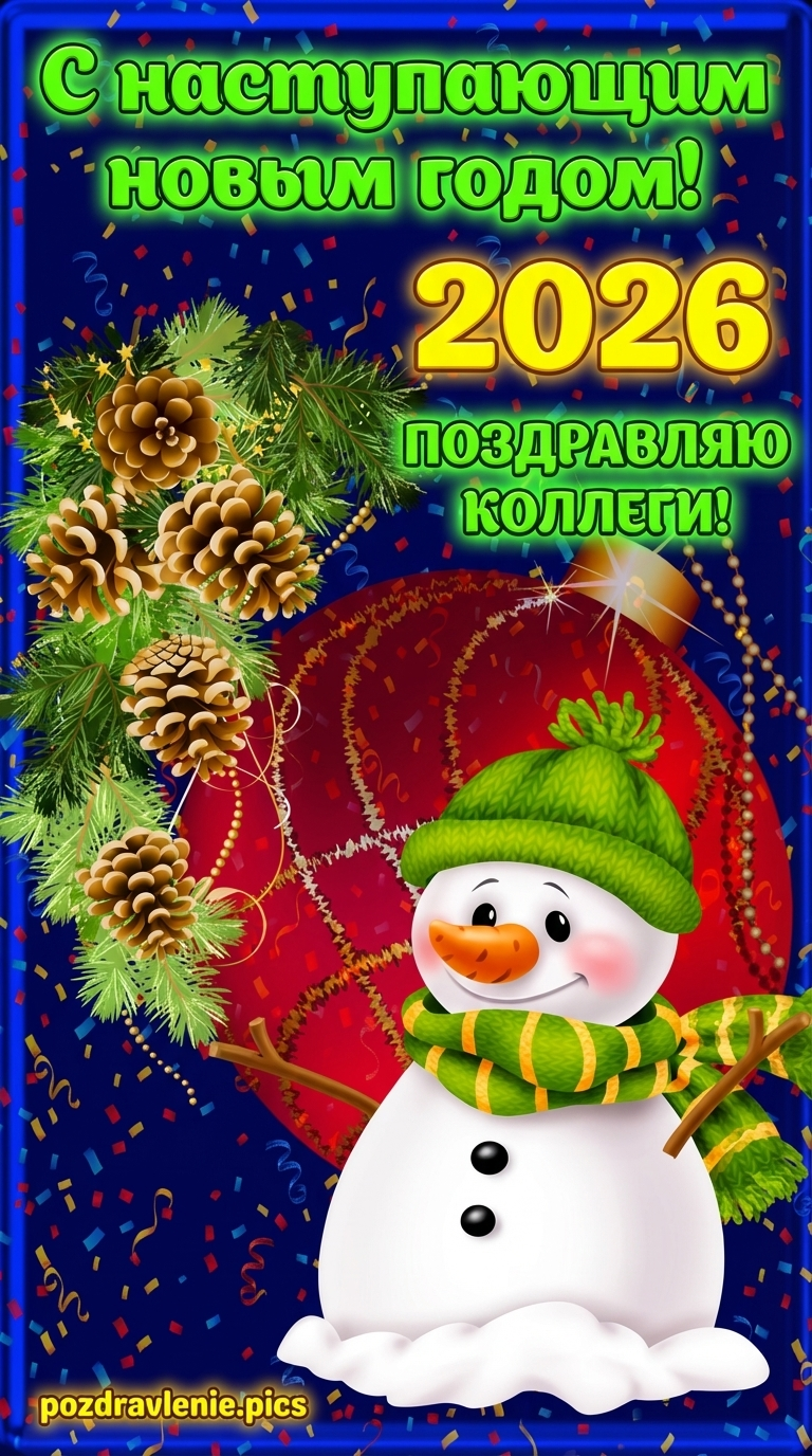 Милый улыбающийся снеговик с праздничным пожеланием для коллег и сотрудников.