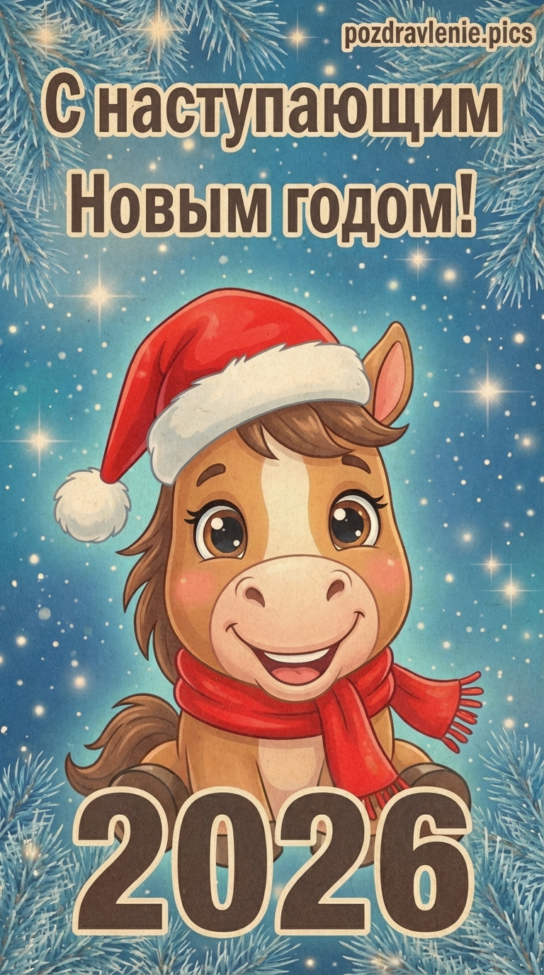 Лошадь на открытке в старом дизайне с винтажными элементами декора и зимним пейзажем