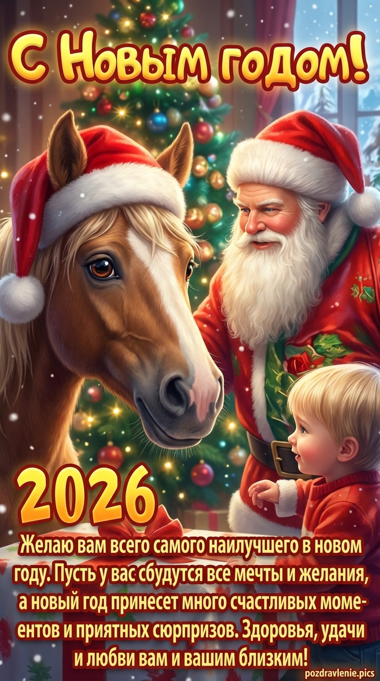 С Новым годом открытка с лошадью и дедом морозом 2026