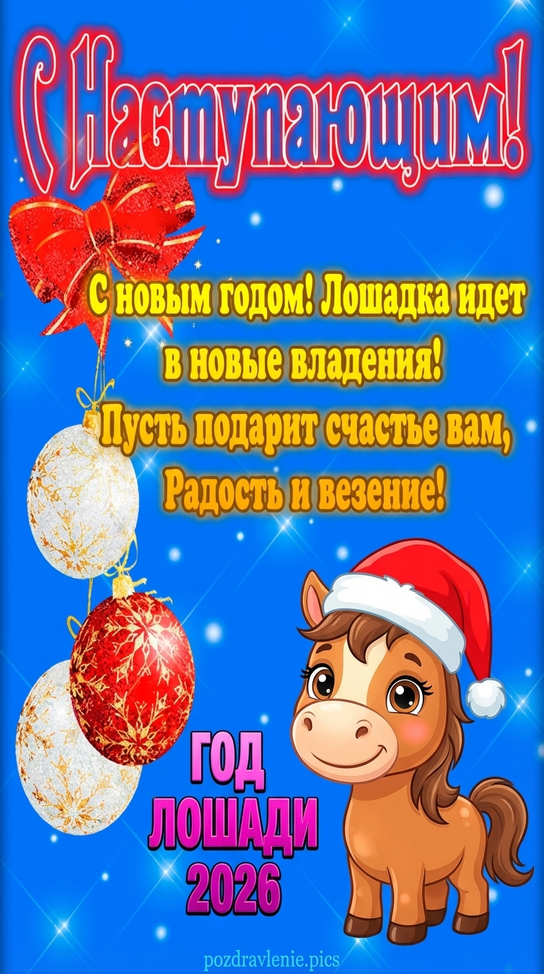 Иллюстрация с символом 2026 года Лошадью и текстом праздничного пожелания.