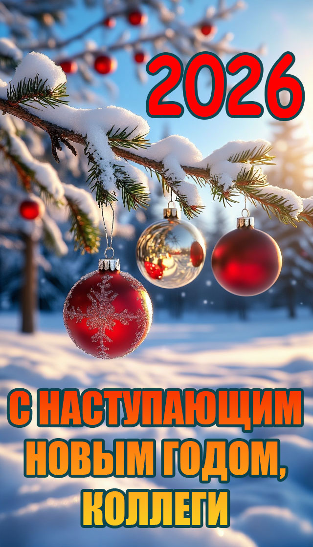 Открытка с наступающим Новым годом 2026 для коллег с зимним праздничным оформлением