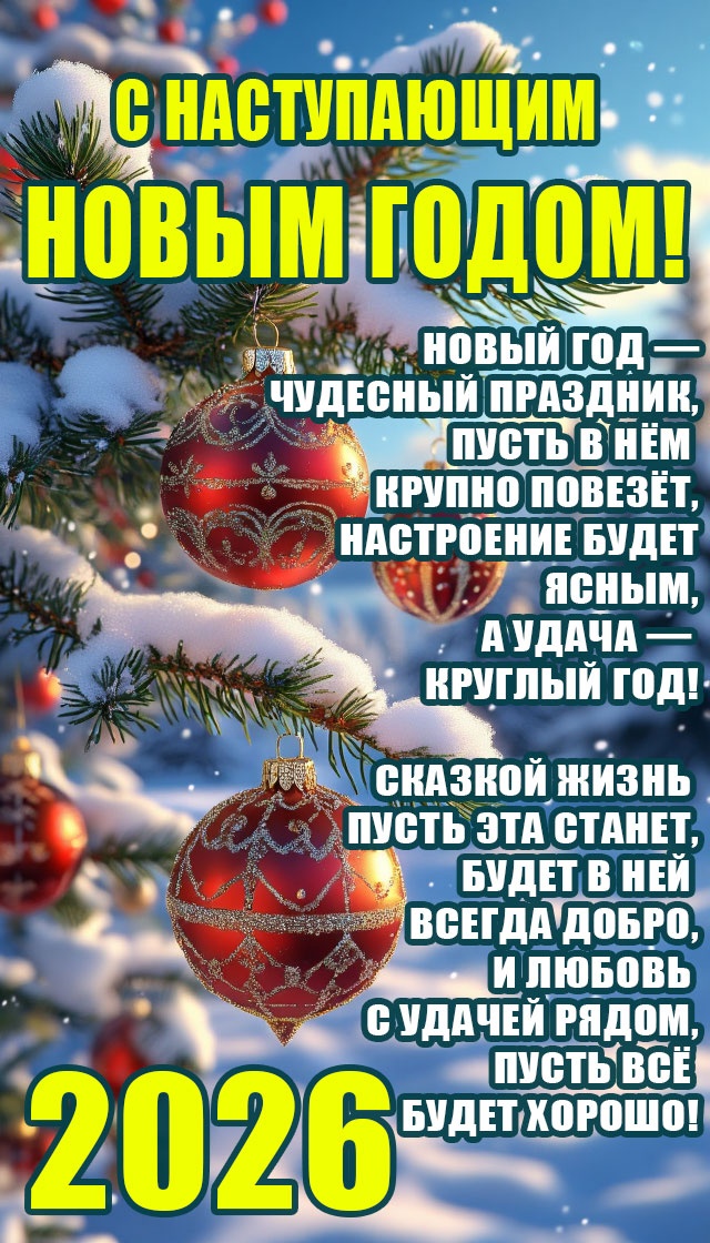 С наступающим Новым годом 2026 мерцающая открытка с праздничными пожеланиями
