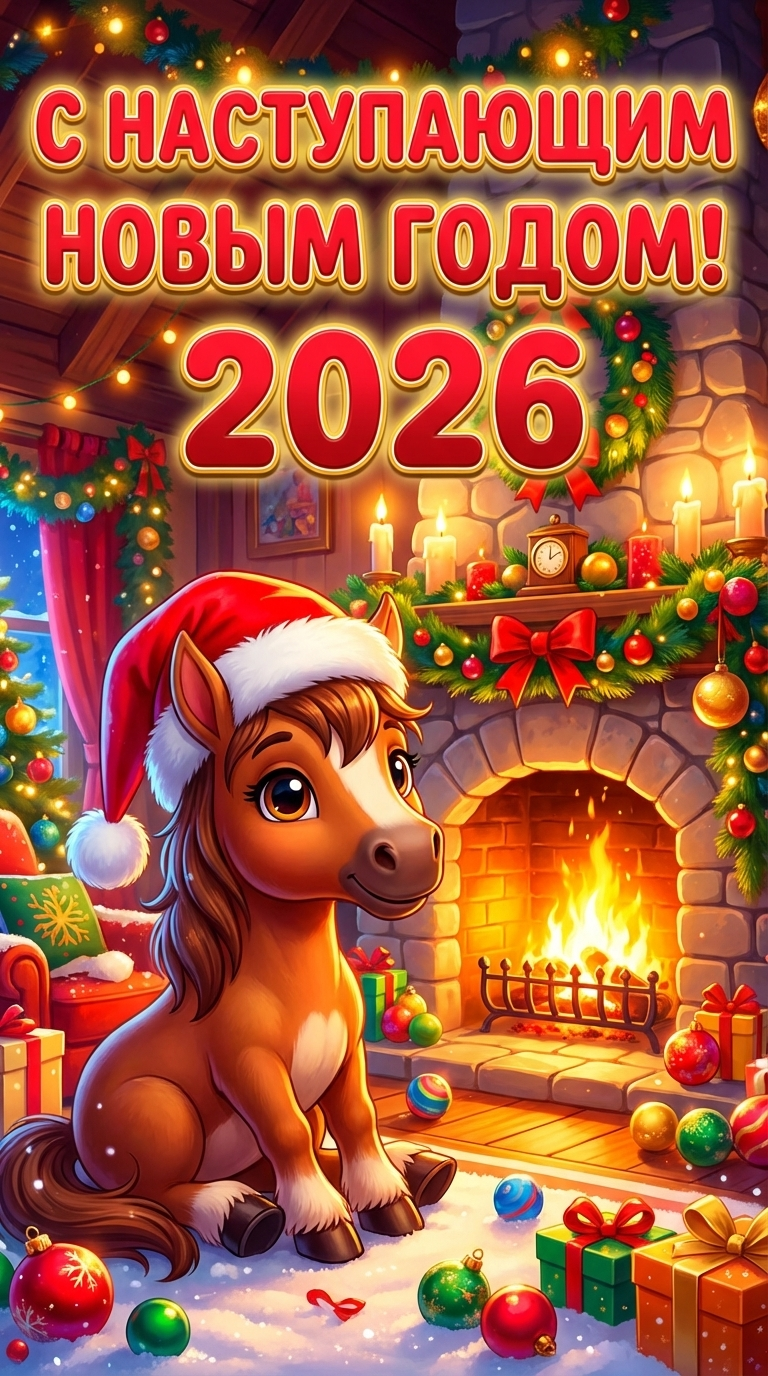 Мультяшная лошадь сидит на коврике у ярко горящего украшенного камина, вокруг много подарков и наряженная елка