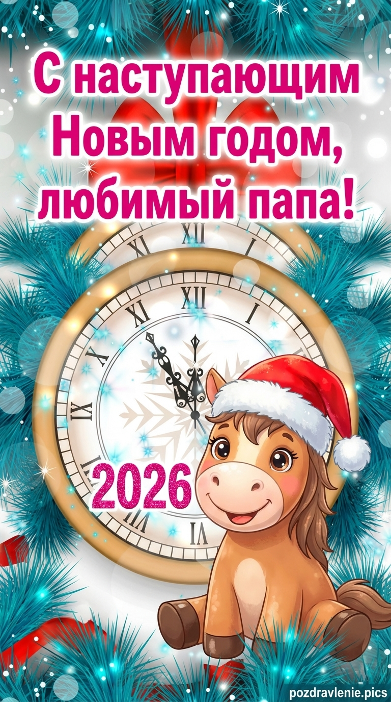 Новогодняя открытка для папы с мультяшной лошадкой в шапке Санты и золотыми часами