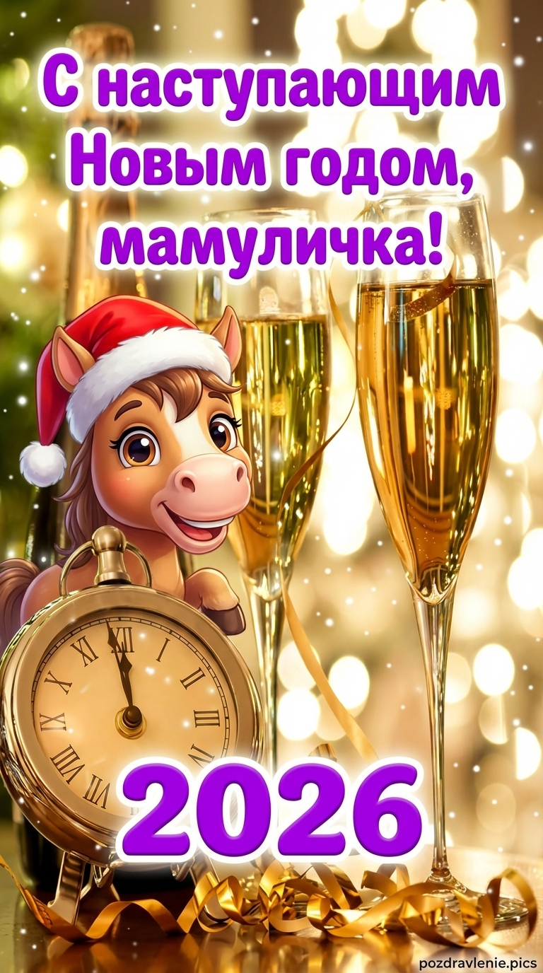 Открытка с наступающим 2026 Новым годом для мамы с тёплым зимним сюжетом