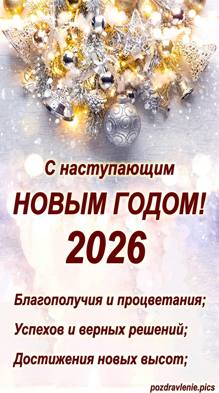 Вид сверху на серебряные шары, шишки и гирлянды на светлом фоне, бордовый текст пожеланий благополучия и достижения высот.