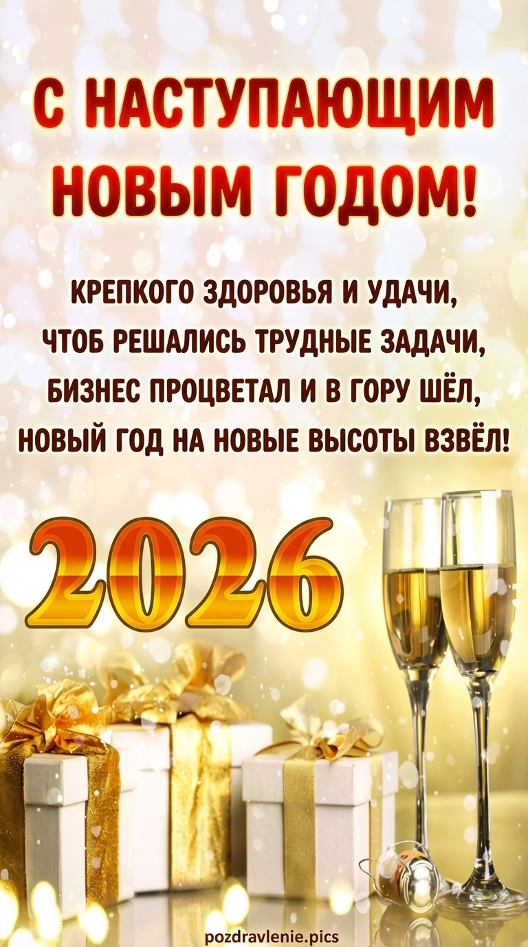 Новогодняя открытка с бокалами шампанского и пожеланием процветания бизнеса