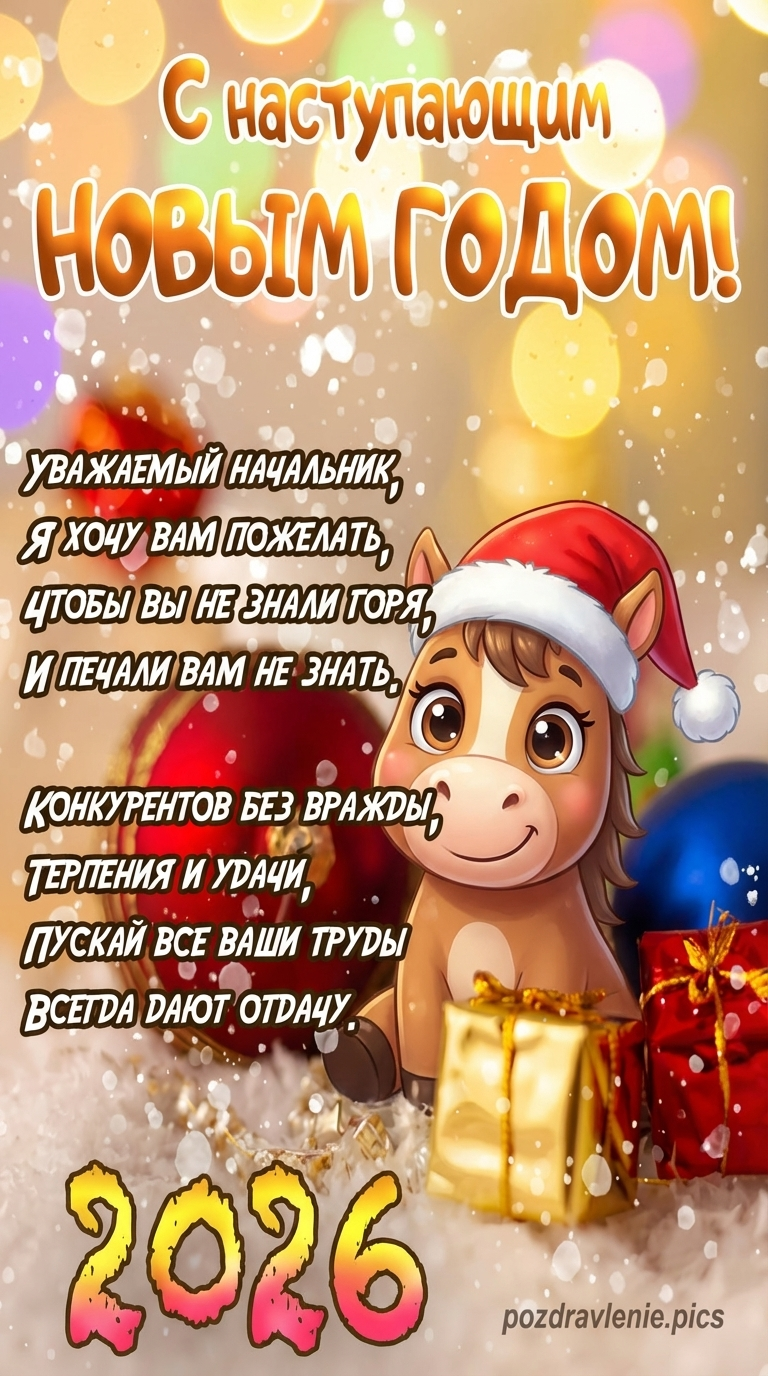 Мультяшная лошадка в новогоднем колпаке среди красных и золотых подарков на праздничном фоне