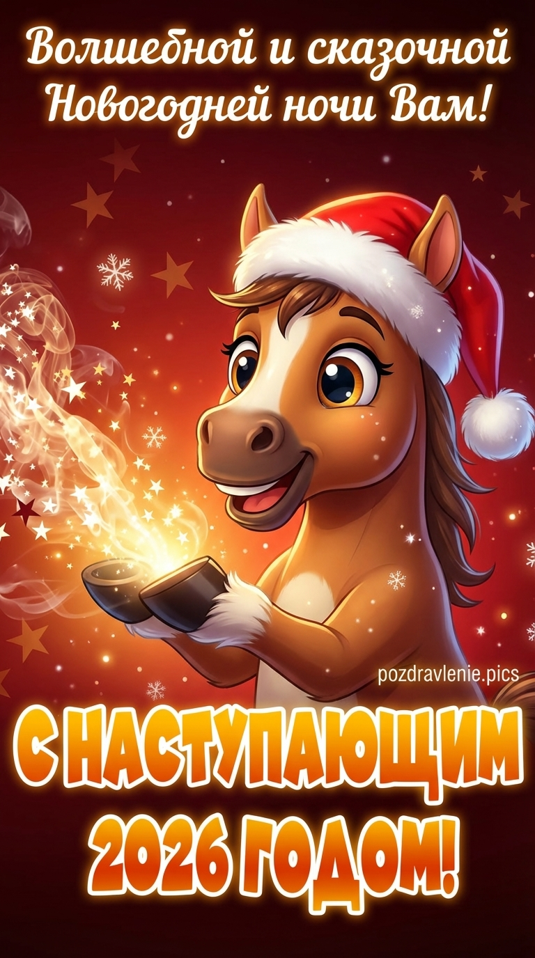 Новогодняя открытка с лошадкой в шапке Санты, свечой и вязаной звездой на красном фоне