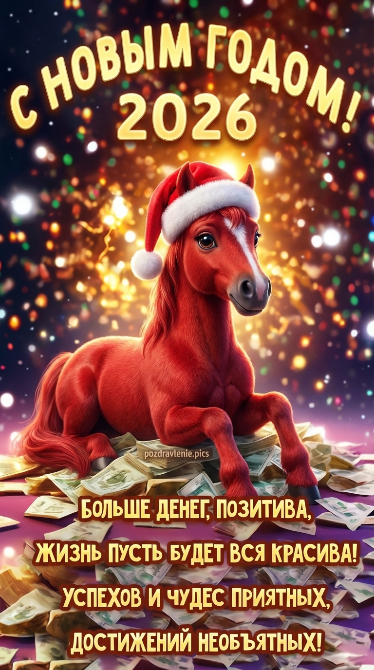 Новогодняя открытка с лошадью и деньгами с пожеланием