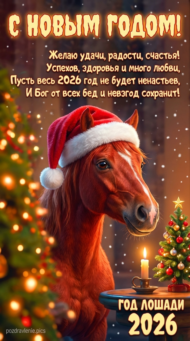 Новогодняя открытка с лошадью и пожеланием 2026