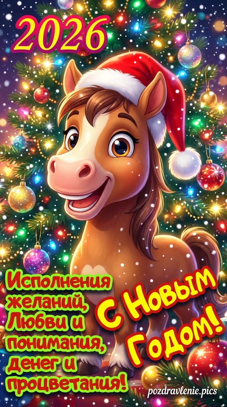 Поздравление 2026 с новым годом лошади открытка