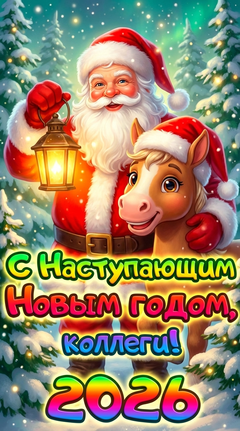 предновогодняя открытка коллегам с дедом морозом и фонарём в зимнем лесу