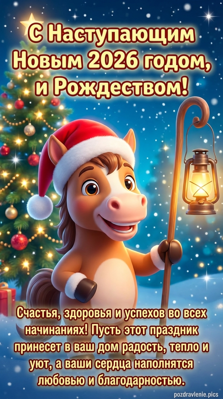 Зимняя открытка с лошадкой в шапке Санты, фонарём и украшенной ёлкой на снежном фоне