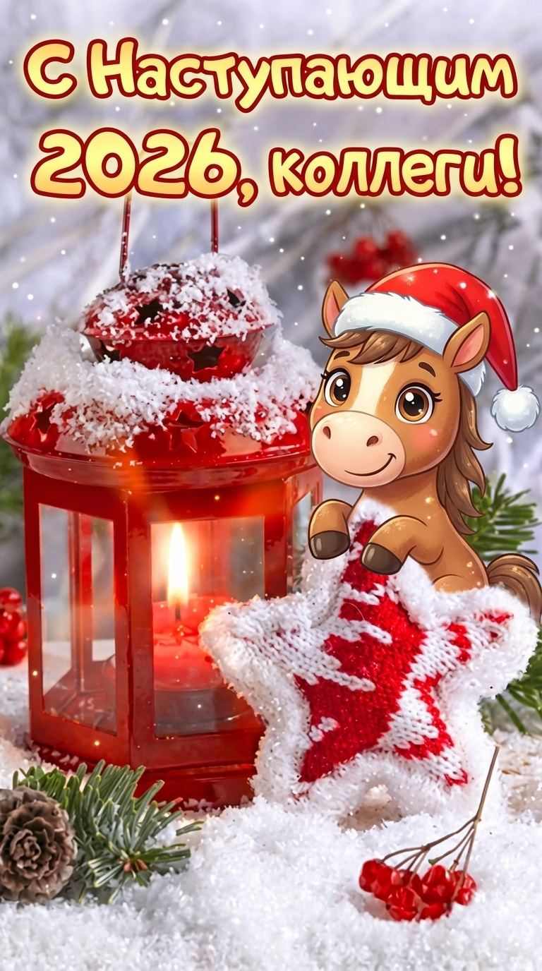 Открытка коллегам предновогодняя с лошадкой в шапке Санты и волшебным светом в ладонях