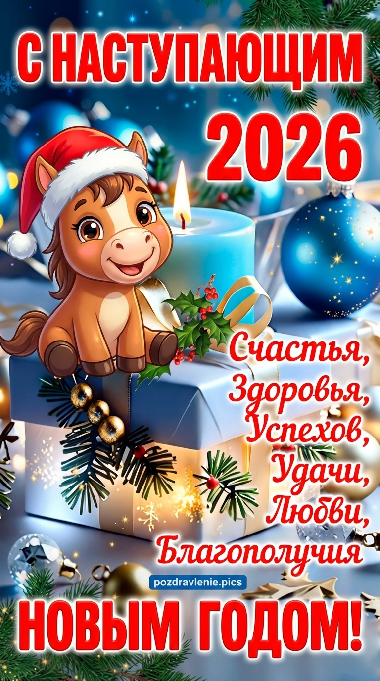 Мультяшная лошадка сидит на подарочной коробке рядом с синей свечой и новогодним декором