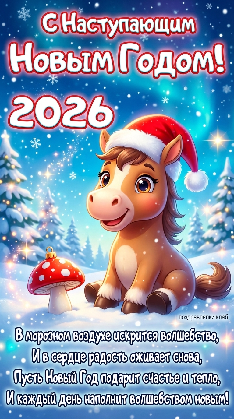 сказочная зимняя открытка с лошадкой в снегу и волшебной атмосферой