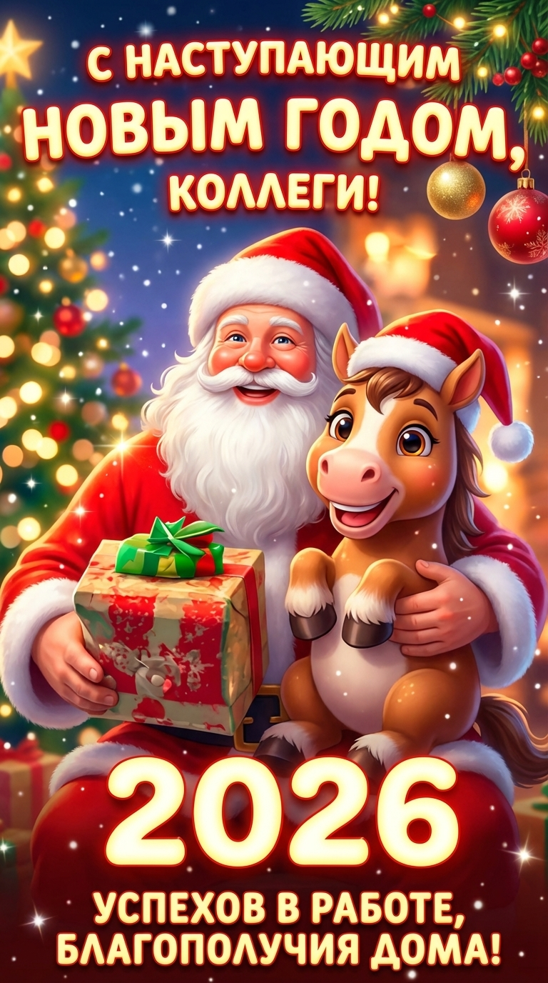 праздничная зимняя открытка для коллег с дедом морозом и подарком