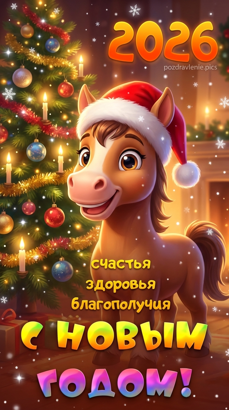 Открытка с Новым 2026 годом с лошадью