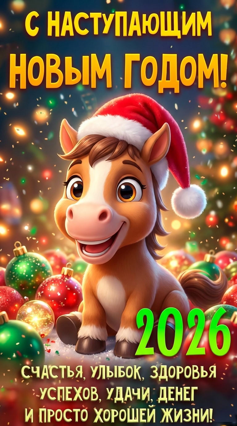 яркая зимняя открытка с лошадкой и новогодними шарами