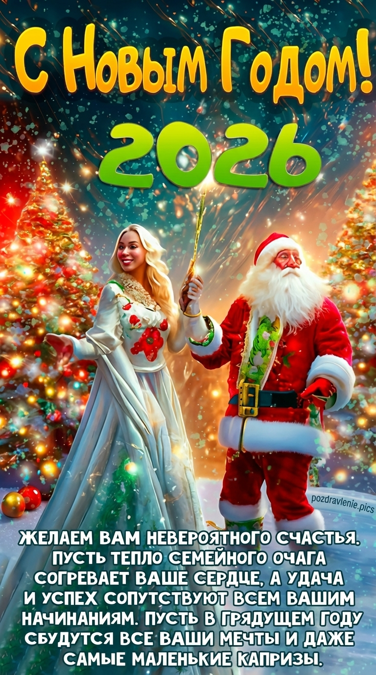 С Новым годом открытка яркая с пожеланиями 2026