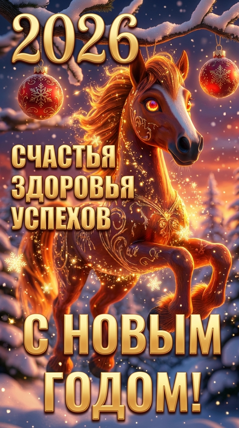 С новым годом 2026 открытка с зимним сюжетом и пожеланиями счастья, здоровья и успехов