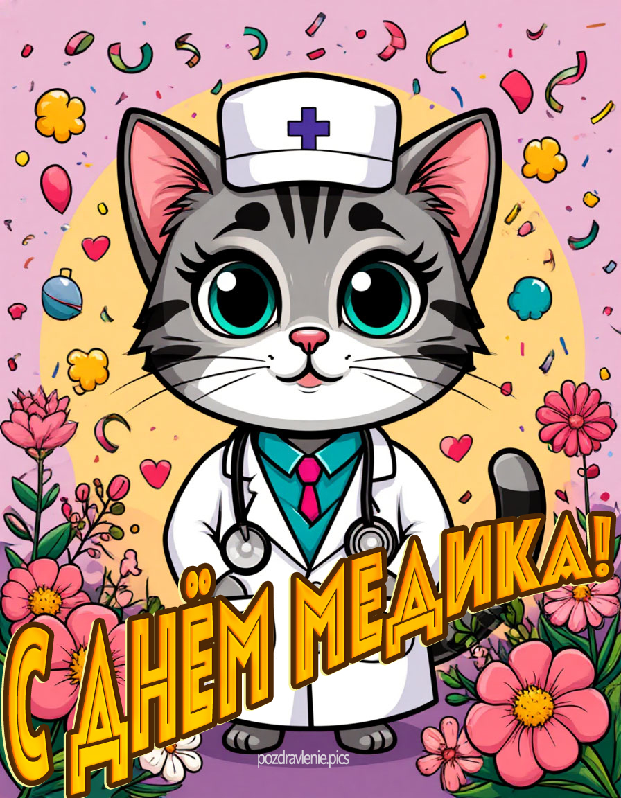 С Днем медика - забавная открытка с котенком