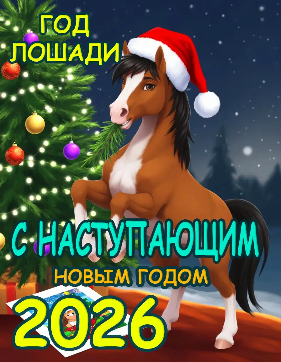 Красивая новогодняя открытка с наступающим годом Лошади 2026