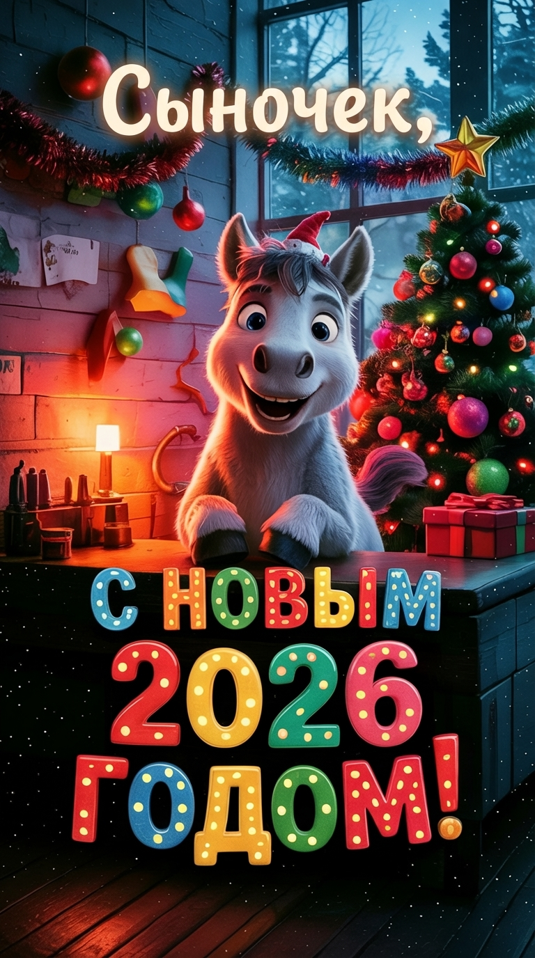 Благородная лошадь на фоне заснеженных елок с праздничной надписью «Сыну»