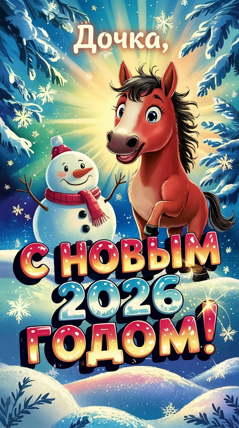 Лошадь и снеговик на зимнем фоне с праздничной надписью «Дочка»