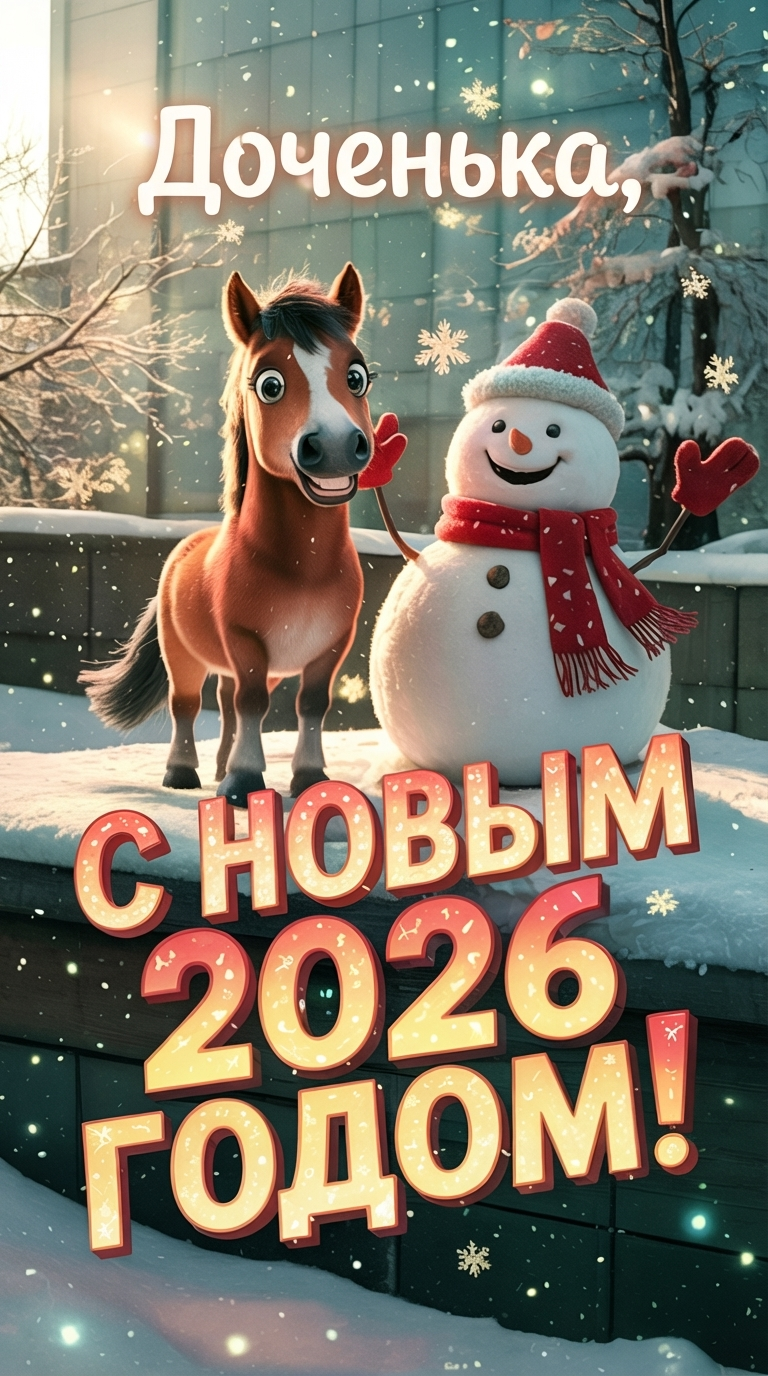 Зимняя открытка со снеговиком и лошадкой для любимой доченьки к празднику